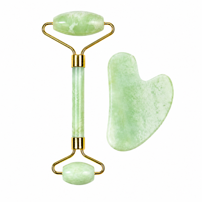 Facial roller and gua sha stone set in light green Xiuyan jade with gold fittings