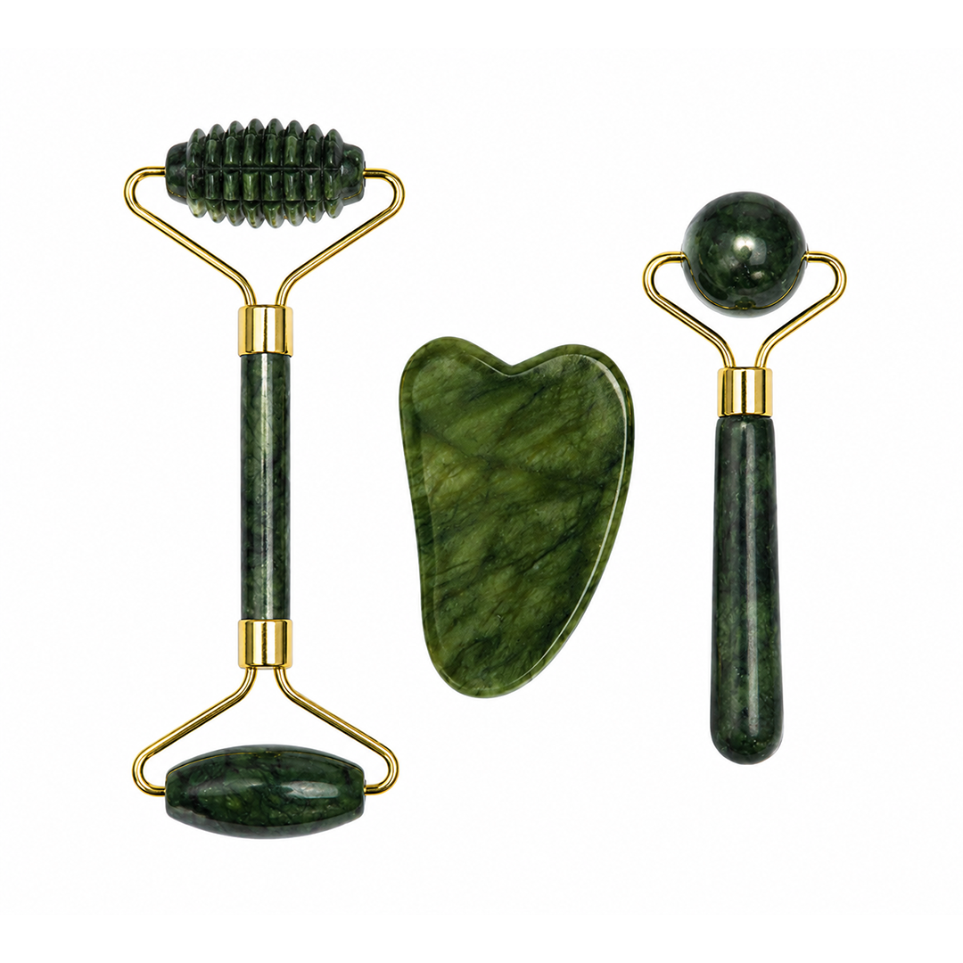 Three piece facial roller and gua sha set in dark green Xiuyan jade