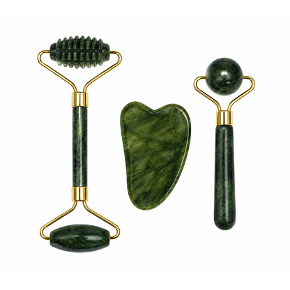 Three piece facial roller and gua sha set in dark green Xiuyan jade