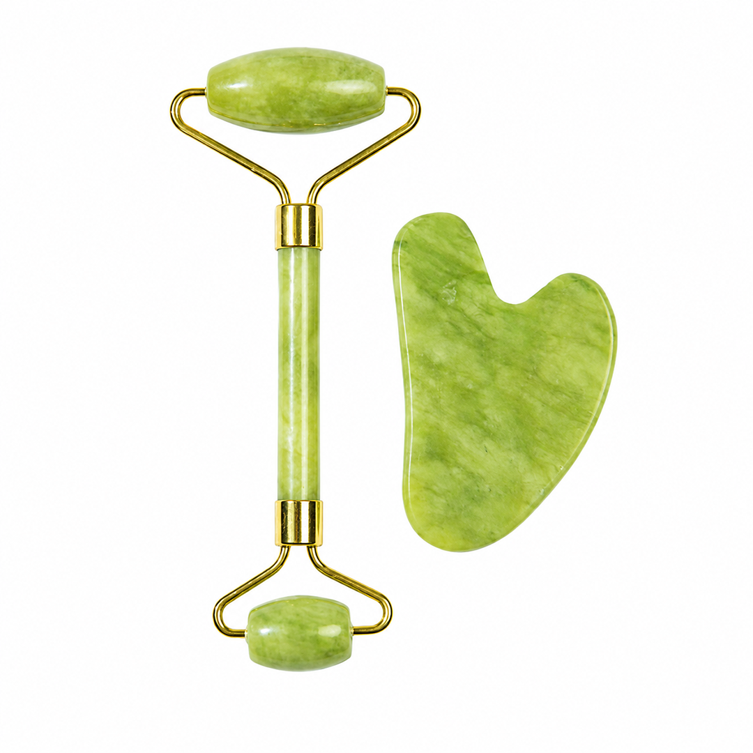 Facial roller and gua sha stone set in olive green Xiuyan jade with gold fittings