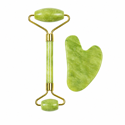 Facial roller and gua sha stone set in olive green Xiuyan jade with gold fittings