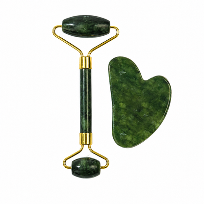 Facial roller and gua sha stone set in dark green Xiuyan jade with gold fittings