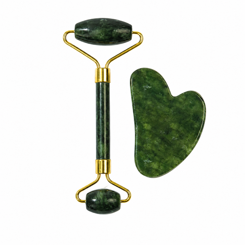 Facial roller and gua sha stone set in dark green Xiuyan jade with gold fittings