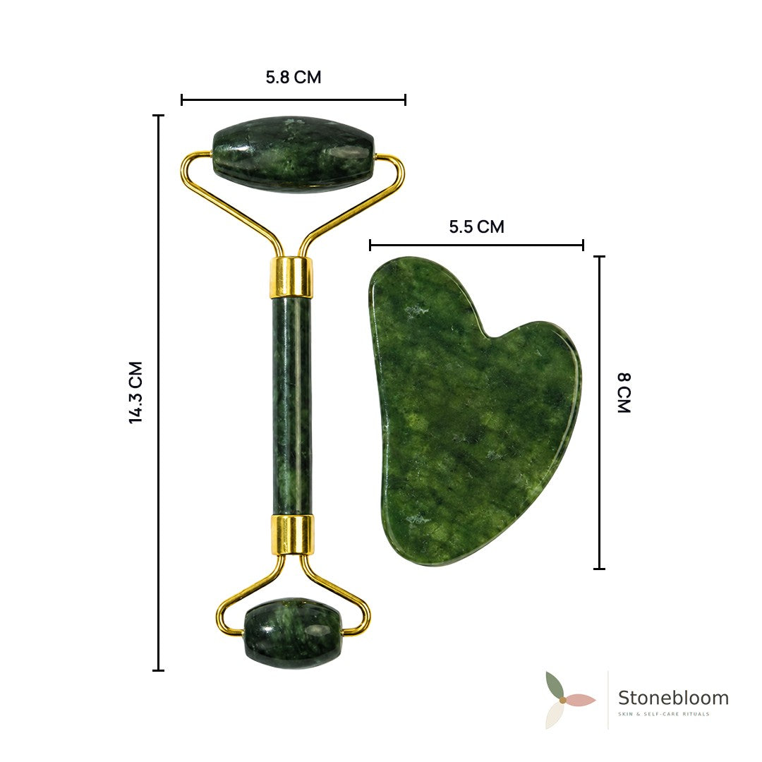 Dimensions of the jade facial roller and gua sha stone: roller 14.3cm long, gua sha stone 8cm by 5.5cm