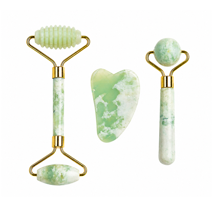 Three piece facial roller and gua sha set in light green Xiuyan jade