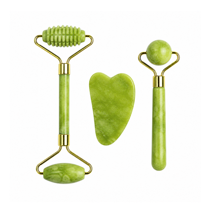 Three piece facial roller and gua sha set in olive green Xiuyan jade