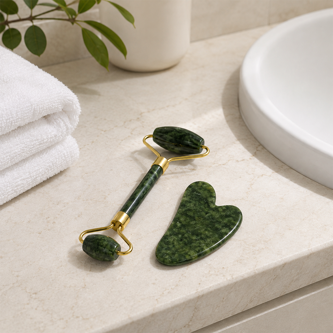 Jade facial roller and gua sha stone on a bathroom bench beside folded towels